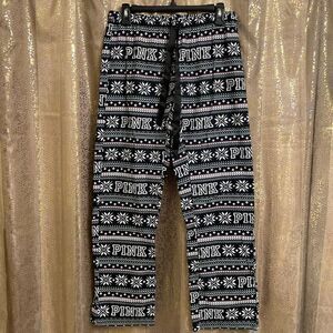 PINK Victorias Secret Black White Holiday Snowflake Pajama Pants, S NWT
